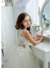 Beaded Ivory Lace Tulle Illusion Back Flower Girl Dress